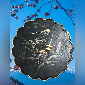 Japanese Mount Fuji Damascene Style Scenic Brooch Vintage